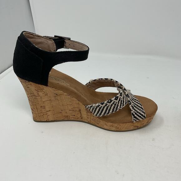 Toms Sienna Wedge Sandal Womens 7.5 Black Strappy Ankle Strap Cork Platform - Picture 10 of 13